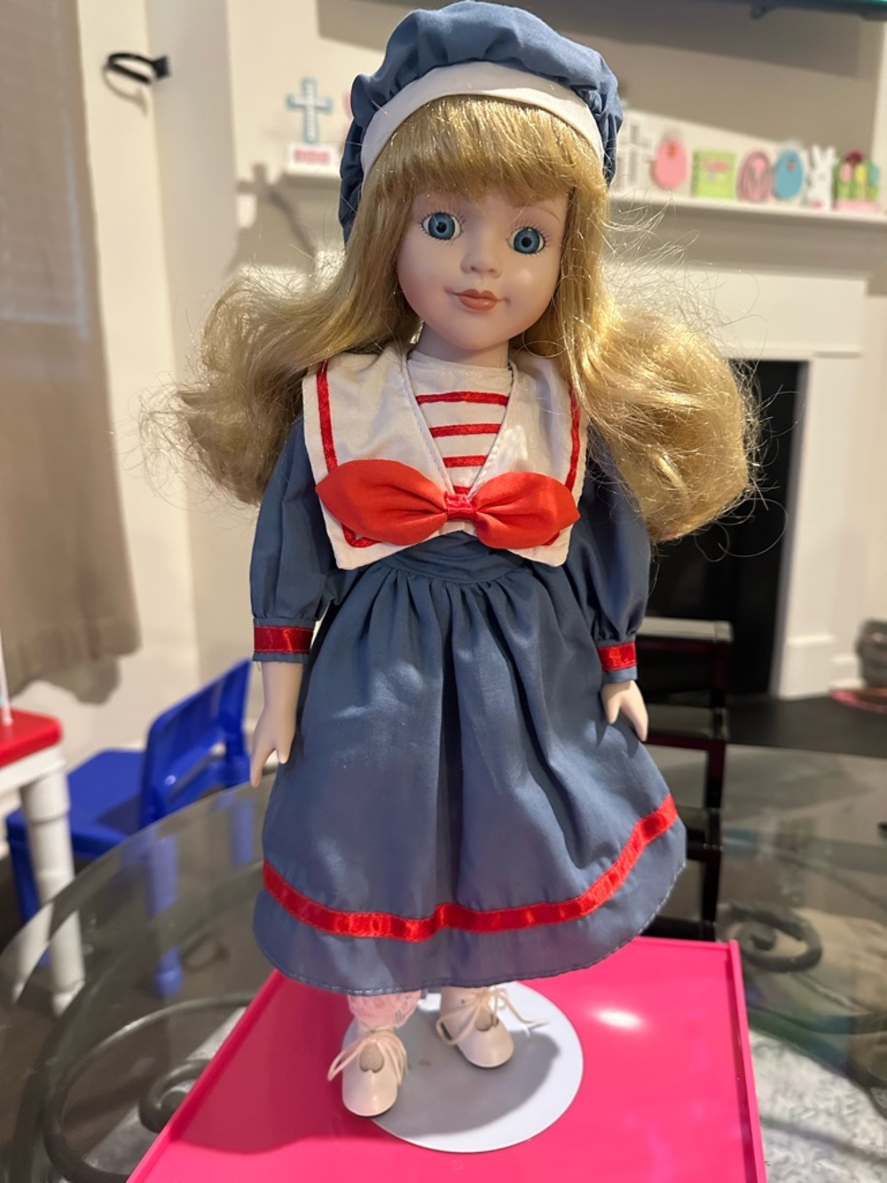 Robin Woods Bridget Sailor Porcelain Doll Blonde Curly Hair Blue sailor Dress